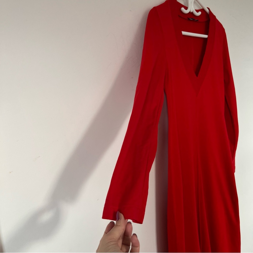 Zara Red Ribbed Knit Midi Dress Small Long Sleeve V-Neck Bodycon Minimalist - Picture 4 of 10